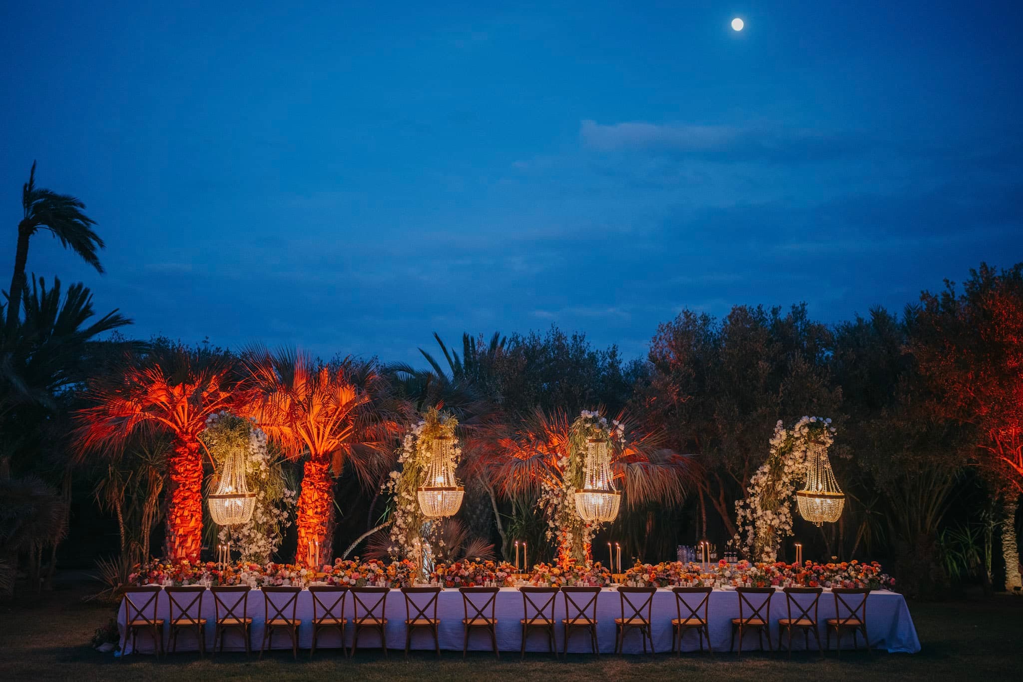 Candlelit wedding dinner setup for M & C in Marrakech, 2025