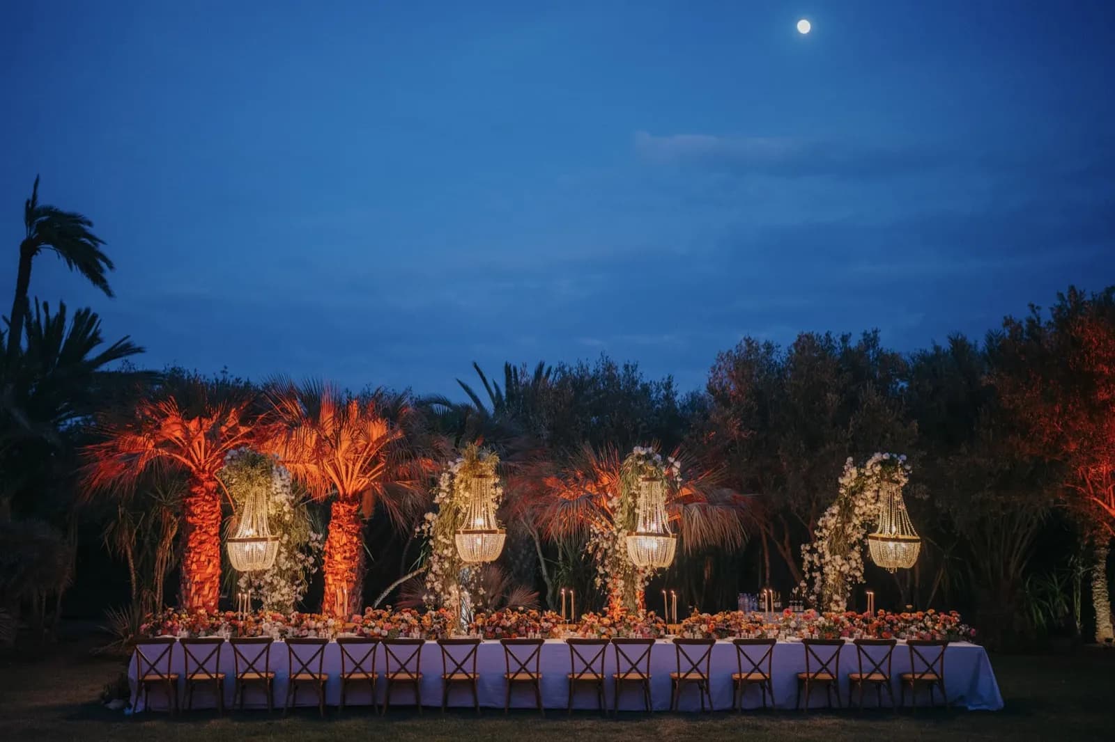 Candlelit wedding dinner setup for M & C in Marrakech, 2025
